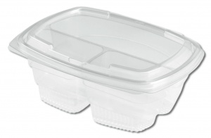 Ceci est un contenant rectangulaire transparent en APET avec trois compartiments et un couvercle à charnière, conçu pour un rangement organisé des aliments et une présentation soignée. La surface lisse et brillante offre une transparence optimale, permettant une visibilité claire du contenu. Le contenant comprend trois compartiments distincts : un grand compartiment principal et deux sections plus petites, séparées par des parois droites et surélevées. La base est renforcée avec une texture nervurée pour une solidité structurelle et une meilleure stabilité. Le couvercle attaché est muni d’une fermeture à pression sécurisée, assurant une étanchéité parfaite pour préserver la fraîcheur et éviter les fuites. Le design pratique à plusieurs compartiments est idéal pour les repas à emporter ou le stockage alimentaire portionné, alliant fonctionnalité et présentation professionnelle.